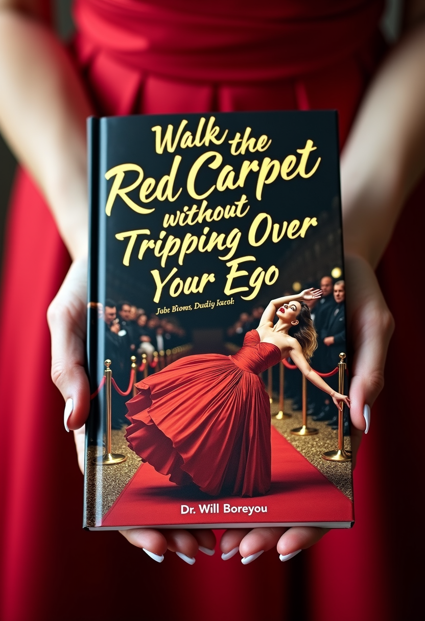 Closeup on a glossy, magazine-style book held by a glamorous celebrity. The title 'Walk the Red Carpet Without Tripping Over Your Ego' is written in flashy, gold script. The cover art features a celebrity in an extravagant gown dramatically tripping over themselves. Only the celebrity’s manicured hands and part of a glittering red carpet event are visible behind the book, giving off a Hollywood vibe. The author listed at the bottom of the book is Dr. Will Boreyou