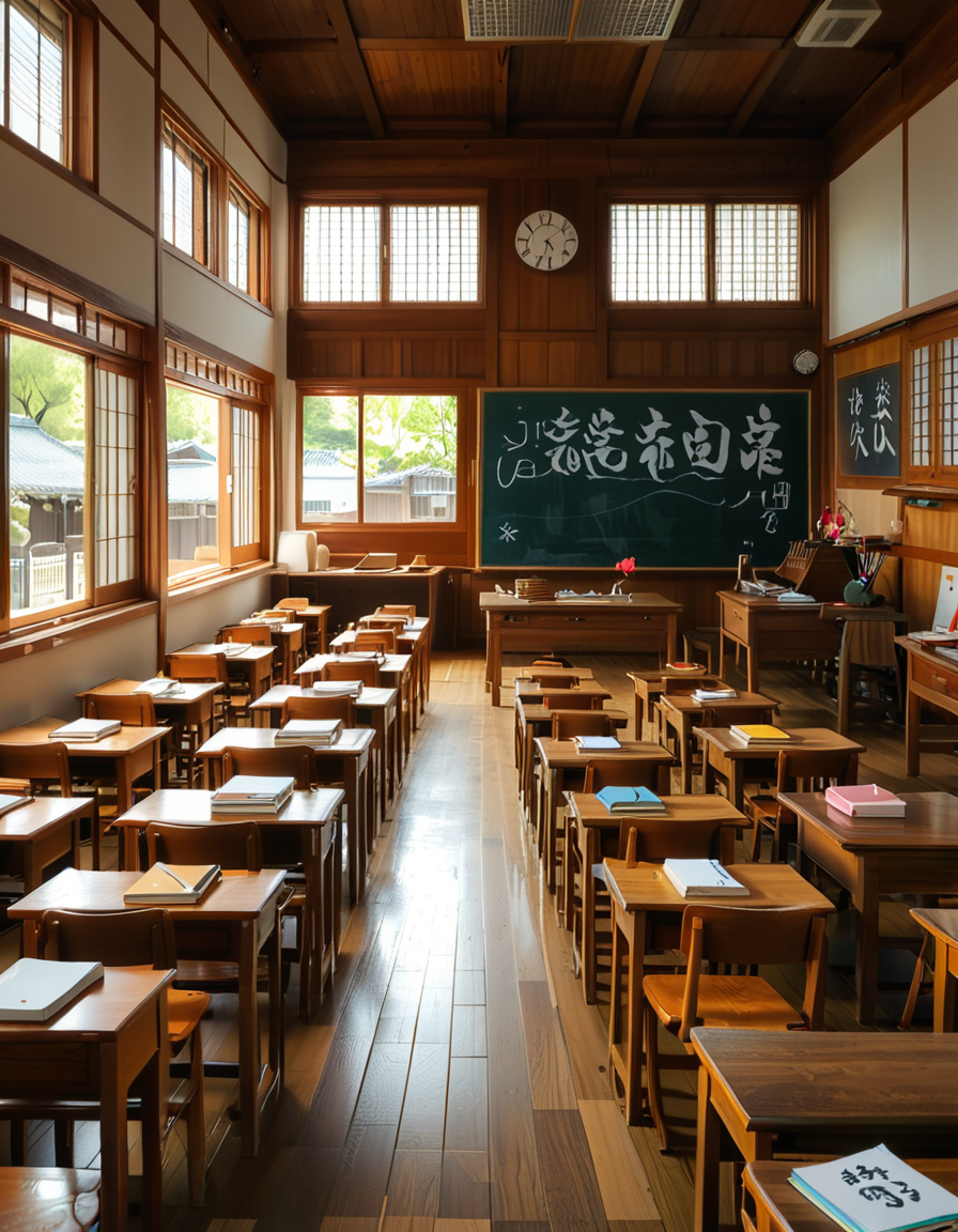 A traditional Japanese classroom during daytime, filled with wooden desks and chairs neatly arranged in rows. Large windows on one side let in natural light, showing a view of cherry blossom trees outside. The room has a chalkboard at the front with neatly written Japanese characters, and a teacher's desk with books and stationery. Educational posters with kanji and hiragana hang on the walls, alongside a clock above the board. The floor is polished wood, reflecting the soft sunlight. The atmosphere is calm and orderly, evoking a nostalgic and warm feeling. The image is highly detailed, realistic, and well-lit, capturing the traditional Japanese school environment.
<lora:SDXLFaeTastic2400:0.4> <lora:extremely_detailed:0.4> extremely detailed, <lora:Japanese_cl4ssr00m:1>,Japanese cl4ssr00m, Masterpiece,best quality,hi res,8k,hi res,8k,award winning,(sharp focus, intricate, highly detailed),