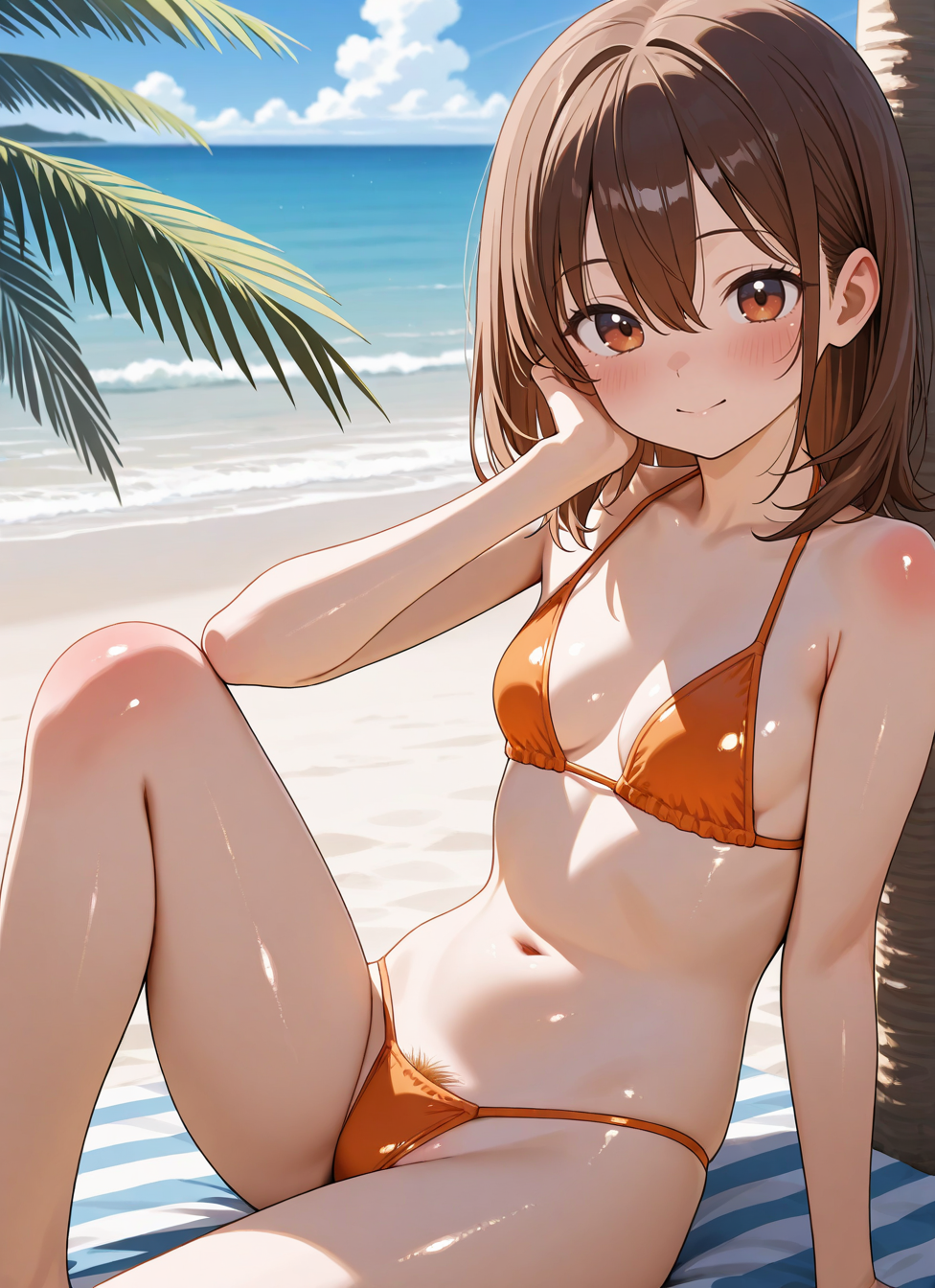 1girl, solo, closed mouth, smile, medium hair, brown hair, brown eyes, hair between eyes, string bikini, orange bikini, one-piece swimsuit, small breasts, cleavage cutout, buttons, sitting, knee up, head rest, looking at viewer, horizon, beach, palm tree, water, day, blurry background,   colored pubic hair, pubic hair peek,, <BREAK> , masterpiece, amazing quality, best quality, ultra-detailed, 8K, illustration, CG, clear skin, ultra-detailed-eyes, soft skin, shiny skin, shiny hair, very awa, very as2, anime coloring,, <BREAK> (body blush:1.2),, , shiny, shiny skin, shiny hair, soft body,