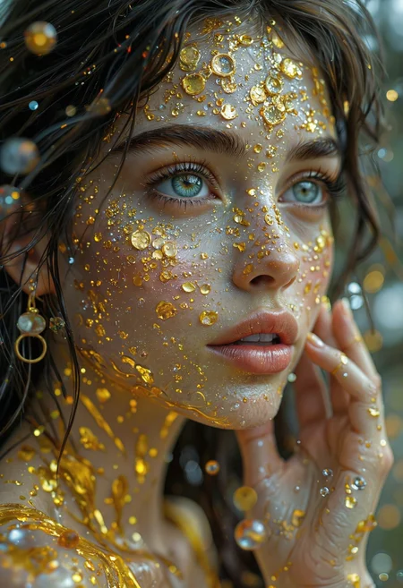 A being made of gold with hourglass eyes, their body fluid and constantly shifting in time, each movement creating temporal ripples in the air.<lora:Flux.1_Turbo_Detailer.safetensors:0.7000000000000001:0.7000000000000001> <lora:Translucent_Colored_Glass_v02.safetensors:0.2:0.2>