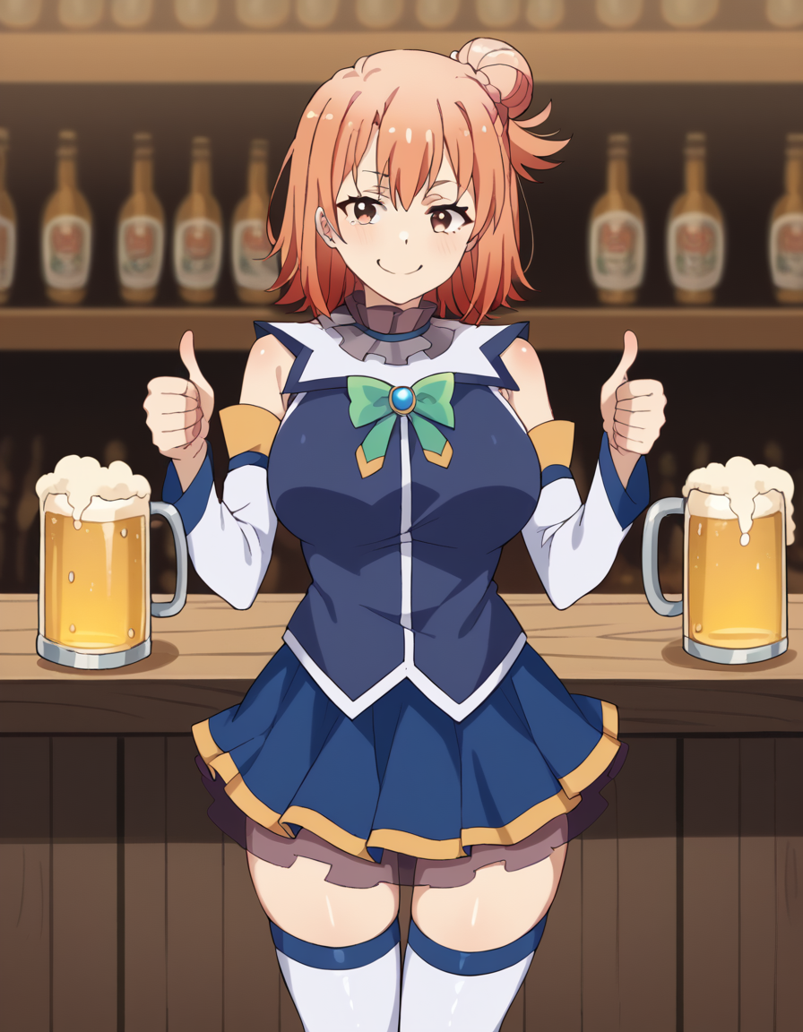 score_9, score_8_up, score_7_up, source_anime, <lora:yui-yuigahama-s2s3-ponyxl-lora-nochekaiser:1>, yui yuigahama, short hair, brown eyes, orange hair, hair bun, single hair bun, large breasts,, <lora:aqua-cosplay-ponyxl-lora-nochekaiser:1>, aqua cosplay, aqua (konosuba) (cosplay), skirt, shirt, thighhighs, bare shoulders, detached sleeves, white thighhighs, blue skirt, blue shirt, green bow,, bar, beer, beer mug, thumbs up, smile, smug, holding beer mug,,