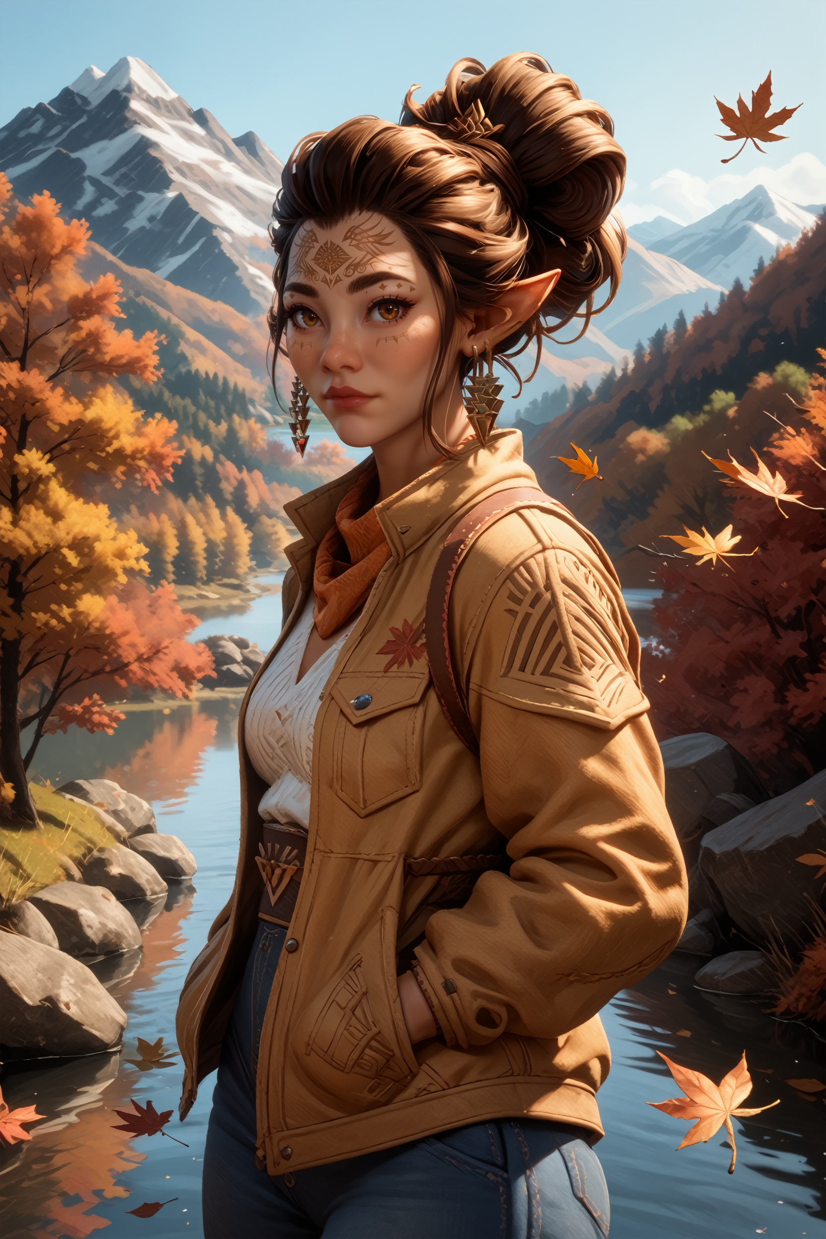 score_9, score_8_up, score_7_up, score_6_up
<lora:DVBellara:0.8>
DVBellara, 1girl, brown hair, hair updo, brown eyes, facial marks, pointy ears, earring, looking at viewer, hands in pocket, outdoors, autumn, lake, tree, mountain, falling leaves, wind