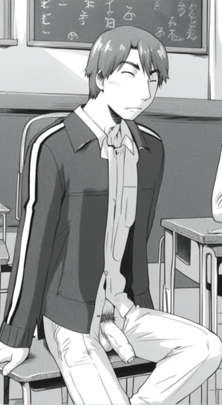 score_9, score_8_up, score_7_up, 1boy, solo, male focus, official artstyle, monochome, highly detailed, perfect composition, 4k, source_anime, anime screencap, masterpiece, best quality, amazing quality, very aesthetic, absurdres, newest, scenery, perfect eyes, ultra detailed, good shading, male focus, 1boy, solo, male focus, ((monochrome)), school, classroom, teacher's desk, sitting, open fly, fly open, grinning, erect penis, erection, foreskin, pubes, satoshi mito,brown hair,short hair,fox eyes