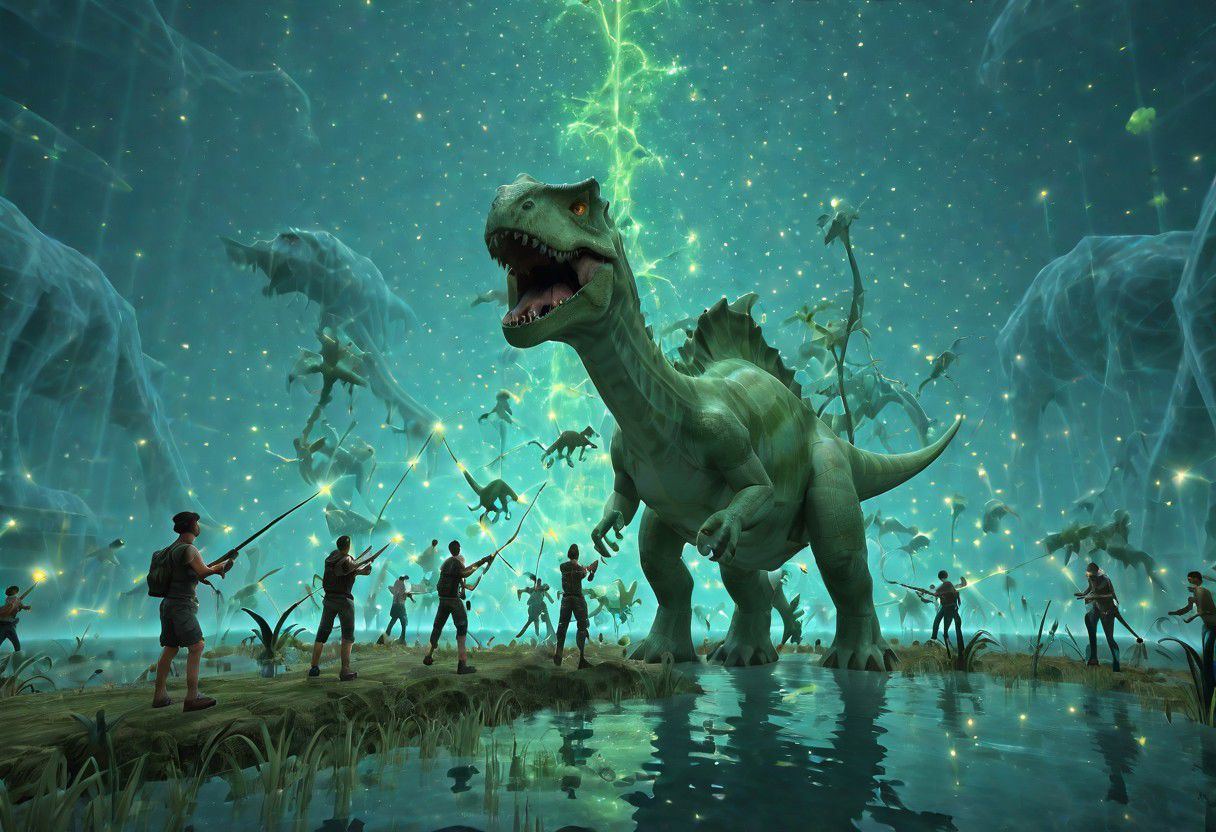 fpv, First Person view, Holding bow, N64 Game Style, Jungle world, dinosaur, outside, dinosaur Standing in a row, Front View,(amazing luminous particles floating in the air:1.5)