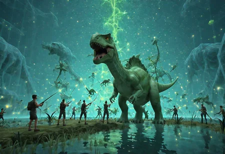 fpv, First Person view, Holding bow, N64 Game Style, Jungle world, dinosaur, outside, dinosaur Standing in a row, Front View,(amazing luminous particles floating in the air:1.5)