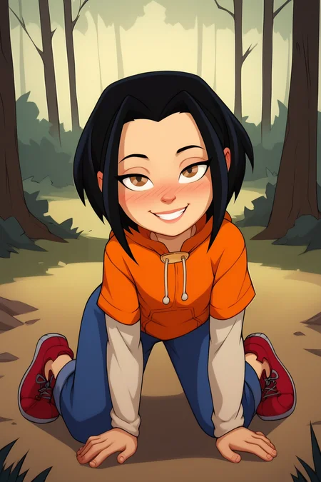 score_9, score_8_up, score_7_up, score_6_up, BREAK, JadeJCAPXL, colored skin, dark-skinned female, brown eyes, black hair, short hair, flat chest, hood down, orange hoodie, short sleeves hoodie, long sleeves, blue pants, red footwear, solo, full body, all fours, seductive smile, looking at viewer, naughty face, nose blush, forest, tree <lora:JadeJCAPXL:1>