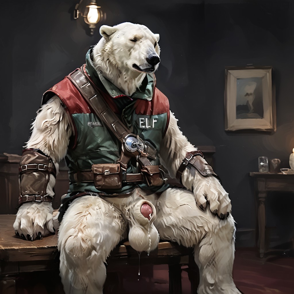 Zpdxl3, Score_7_up, score_8_up, solo male, 2d, source_cartoon, source_anime, Expressiveh, three quarter view, from side, by darkgem,Re_An, oil painting, traditional media, realistic,
BREAK,
Garcia, anthro, mammal, polar bear, sleeveless vest, bracer, "elf", sitting on table, spread legs, big balls, black balls, ball tuft, balls on ground, penis sheath, precum from sheath, precum string, pre-cum strand, 
Indoors, dark room, bunker setting, dark lighting, industrial room, fluorescent lighting, hanging lightbulb, rusty, metal gate,