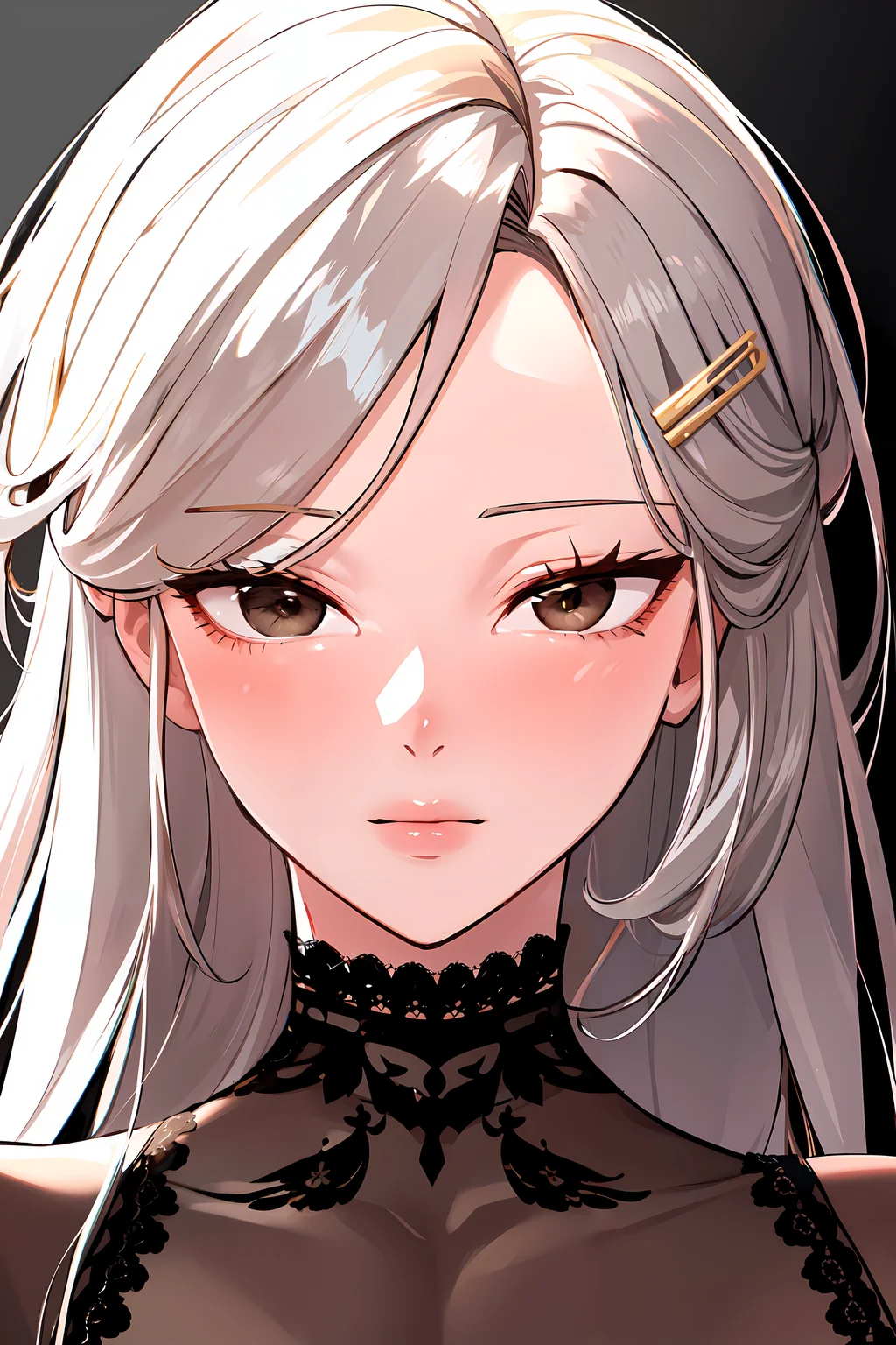 (masterpiece:1.2), best quality, 1lady, gray hair, hair clip, brown eyes,| beautiful face, goddess, queen, lace trim <lora:my_friends:0.5>, looking at viewer,