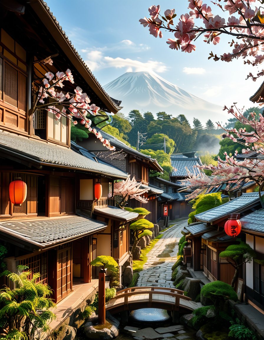 A picturesque traditional Japanese village nestled in a serene valley, surrounded by lush green mountains under a soft morning mist. The village consists of wooden houses with thatched roofs (gassho-zukuri style), showcasing intricate wooden details and sliding paper doors. A narrow stone-paved path winds through the village, leading to a small red torii gate at the entrance of a Shinto shrine. Cherry blossoms in full bloom line the streets, their pink petals gently falling in the breeze. A tranquil river flows through the village, crossed by an old wooden bridge with moss-covered stones. Villagers in traditional kimonos and straw hats go about their daily livesâan elderly man sweeping his porch, a woman carrying a basket of fresh produce, and children playing near a koi pond. The atmosphere is peaceful and nostalgic, with warm sunlight filtering through the trees, casting dappled shadows on the ground. The scene is rich in traditional Japanese aesthetics, evoking a sense of harmony and timeless beauty.
<lora:SDXLFaeTastic2400:0.4> <lora:extremely_detailed:0.4> extremely detailed,<lora:traditional_Japanese_v1ll4g3:1>,traditional Japanese v1ll4g3, Masterpiece,best quality,hi res,8k,hi res,8k,award winning,(sharp focus, intricate, highly detailed),