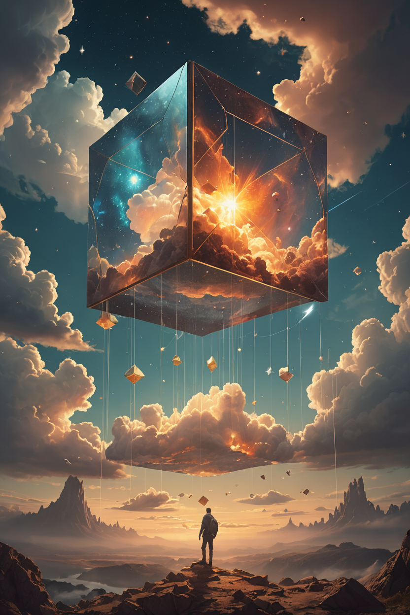 ethereal fantasy concept art of Bosch-style,a translucent cube traps eerie clouds,the starsscape warps,time distorts,surrealism reigns,stars,Glowing,sparkling . magnificent, celestial, ethereal, painterly, epic, majestic, magical, fantasy art, cover art, dreamy