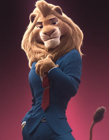 zootopia artstyle,
masterpiece, best quality,
pinup pose, looking at viewer, perfect face, colorful, dramatic angle, unique perspective, unique angle, detailed, intricate details, highres, absurdres, smile, on stage, furry male, solo, lion, lionheart, red necktie, lion tail, whiskers, brown eyes, blue suit, white shirt, brown fur, smug, cowboy shot, closed mouth
<lora:Zootopia_Art_Style_ill_3D:0.95>âââ