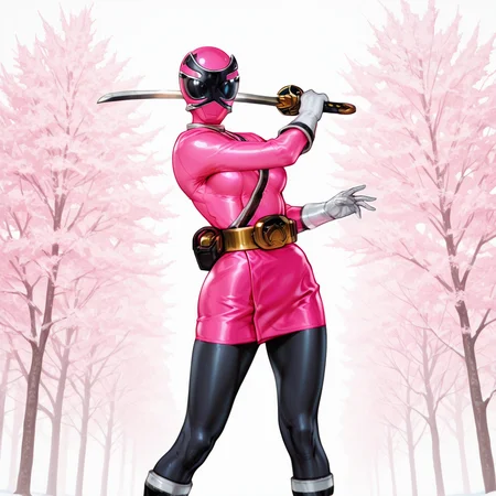 masterpiece, best quality, very aesthetic, absurdres,samurai_sentai_shinkenger, anime,
BREAK 1_girl, solo, shinken_pink(pink bodysuit, pink miniskirt, uniform, white gloves, black pantyhose, ), shinken, holding sword, action pose, sakura tree background,
BREAK <lora:AKinuNishimura_Style:1.0>, <lora:Smooth_Booster_v2:0.6>, good hand, <lora:Power_ranger_samurai__Illustrious:1>