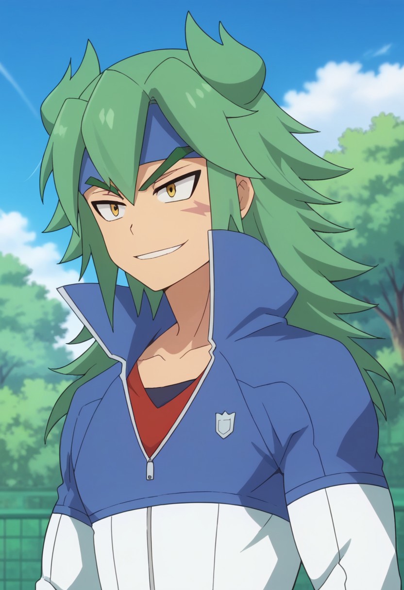 score_9, score_8_up, score_7_up, source_anime, highly detailed, 
masato, 1boy, male focus, solo, yellow eyes, green hair, long hair, headband, blue headband, scar, shirt, red shirt, jacket, high collar, blue jacket, white jacket, multicolored jacket, upper body, smile,
outdoor, sky, cloud, tree