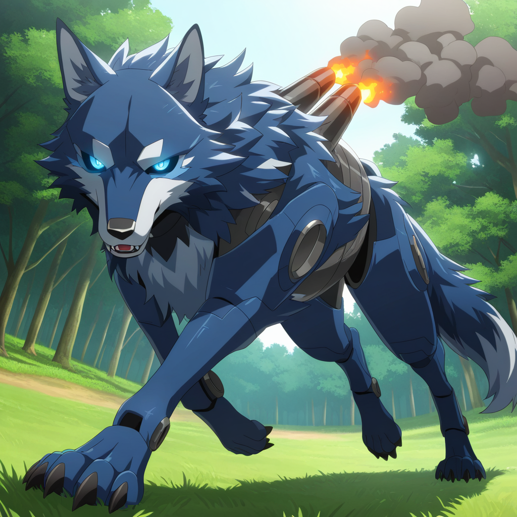 1boy, solo, wolf, robot, feral, quadruped, exhaust pipe, smoke, backfire, running, blue body, looking at viewer, blue eyes, glowing eyes, black sclera, 5 toes, pupils, [tail, backlighting], forest, day, detailed face, detailed eyes, dutch angle, three-quarter view, anime screenshot, (masterpiece, best quality, very aesthetic, amazing quality), absurdres, highres
