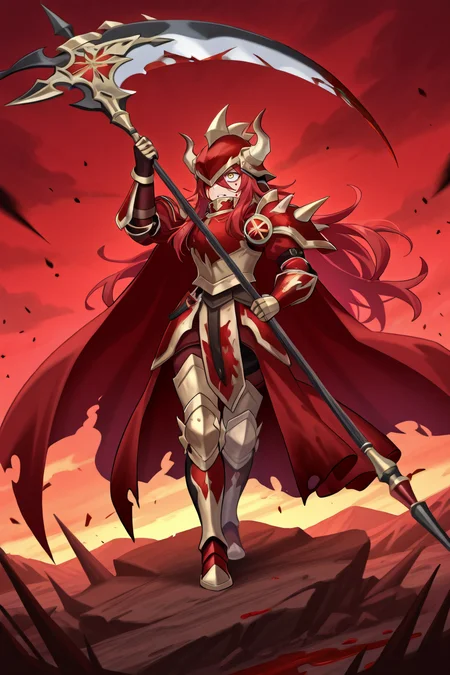 <lora:GulcasaIL:0.8> , guldef, (1boy), red hair, long hair, hair between eyes, yellow eyes, armor, full armor, spikes, shoulder armor, one eye covered, horned helmet, spiked helmet, horned headwear, shoulder spikes, cape, red cape, pauldrons, gauntlets, greaves, battlefield, bloody, blood-stained armor, holding scythe, scythe, imposing, ominous, full body, solo, masterpiece, very aesthetic, absurdres, best quality, amazing quality, high resolution, detailed background, <lora:illustrious_quality_modifiers_masterpieces_v1:0.8> , <lora:ChamIllustriousBackgroundEnhancer:0.5>