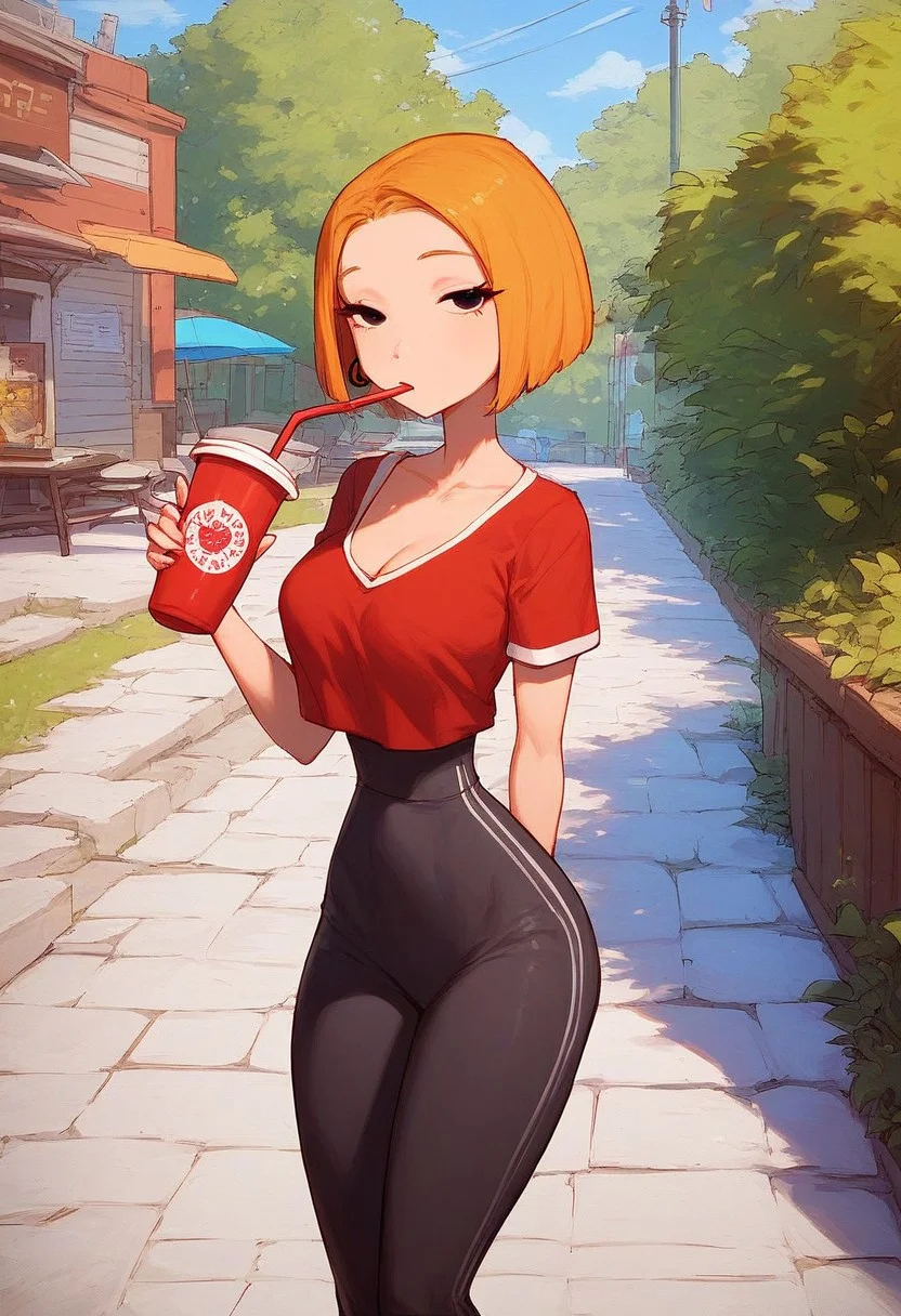 score_9,score_8,score_7,score_8_up,score_7_up,
(source cartoon), NSFW, girl, full body,
<lora:LorMcQuarrie_PXL_Leaf1:1> lormcquarrie, 1girl, solo, blonde hair, short hair, black eyes, red shirt, short sleeves, upper body, outdoors, looking at viewer,
narrow waist, slim, wide hips, short hair, earrings, perfect round breasts, eyelashes, half-closed eyes, 
crop top, (miniskirt or leggings), tight clothing,
cleavage, shoulder slip, bare shoulders, narrow waist, wide hips, 
looking at viewer, outdoors, natural light, sunny, riverside, drinking tea 
<lora:Expressive_H:1> Expressiveh,
<lora:add-detail-xl:1>
