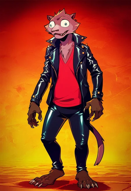 score_9, score_8_up, score_7_up, score_6_up, 
 <lora:Weasel_-_Creature_Commandos:1> cc_weasel, 1boy, solo, furry male, brown fur, tail, claws, bug eyed, leather jacket, chaps,