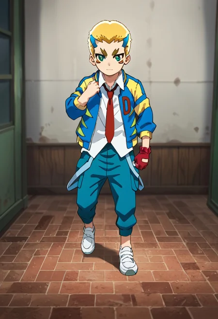 score_9, score_8_up, score_7_up, score_6_up, highly detailed,Good Colors, Glowing Skin, Good Shading, Good Eyes, Contrast Shading, 1boy,cute boy, male focus, solo, correct anatomy, Dante, 1boy, male_focus, yellow hair, blue hair, multicolor hair, green eyes, facial mark, white shirt, yellow and blue jacket, red tie, blue pants, white shoes, red glove