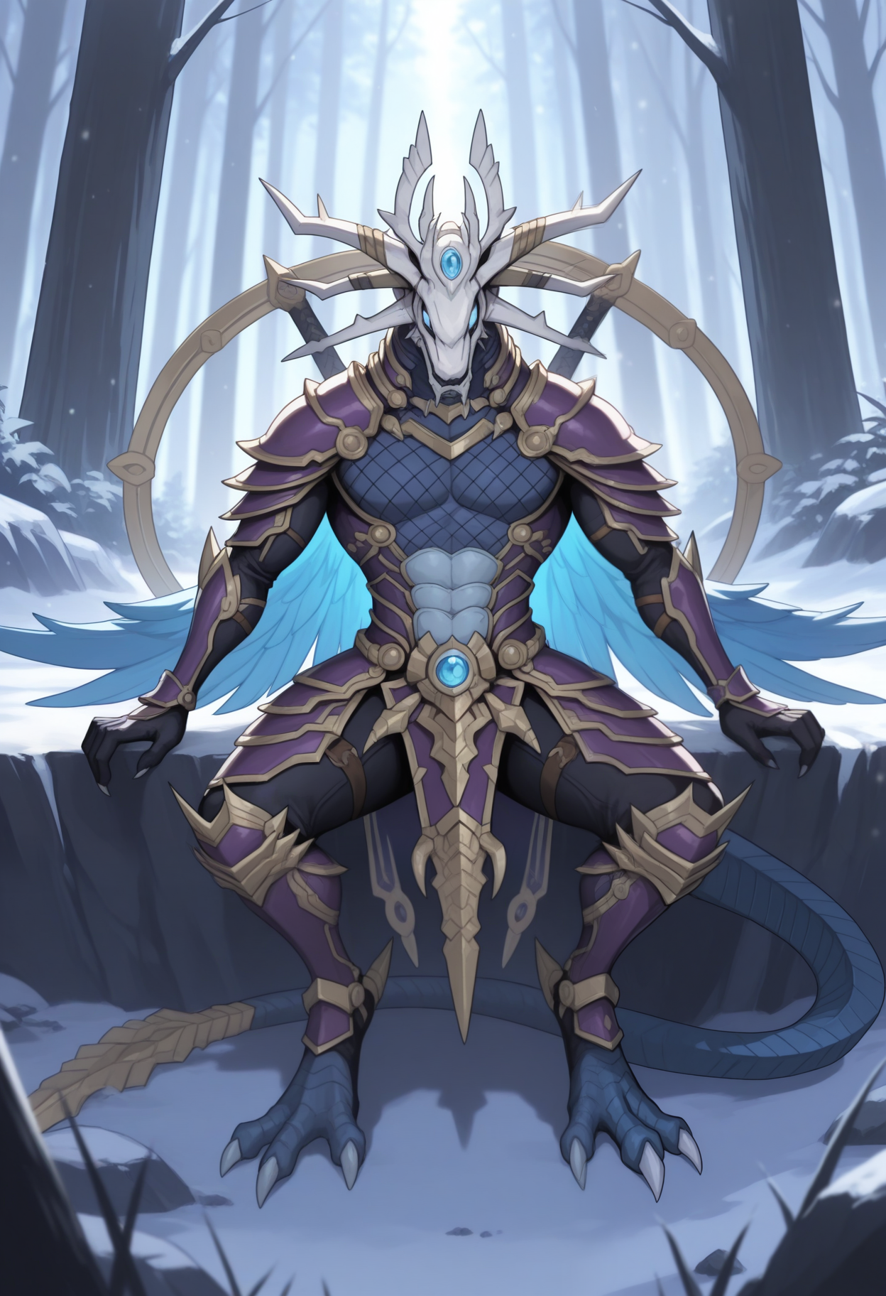 masterpiece,best quality,amazing quality, 1boy, solo, shiranui, dragon, blue skin, white helmet, armor,  full body, outside,