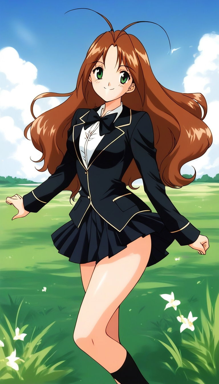 score_9, score_8_up, score_7_up, source_anime, rating_explicit, BREAK <lora:Tanima_Yuri_XL:1>Tanima_Yuri, 1girl, solo, long hair, brown hair, green eyes, antenna hair, breasts, 1990s (style), smile,
smile,looking at viewer, cowboy_Shot,
skirt, mary janes, black sleeves,  black ribbon.
standing, pleated skirt, looking at viewer, black skirt, smile, 
miniskirt, school uniform, bow, black jacket,  bowtie,
grass, sky, day,