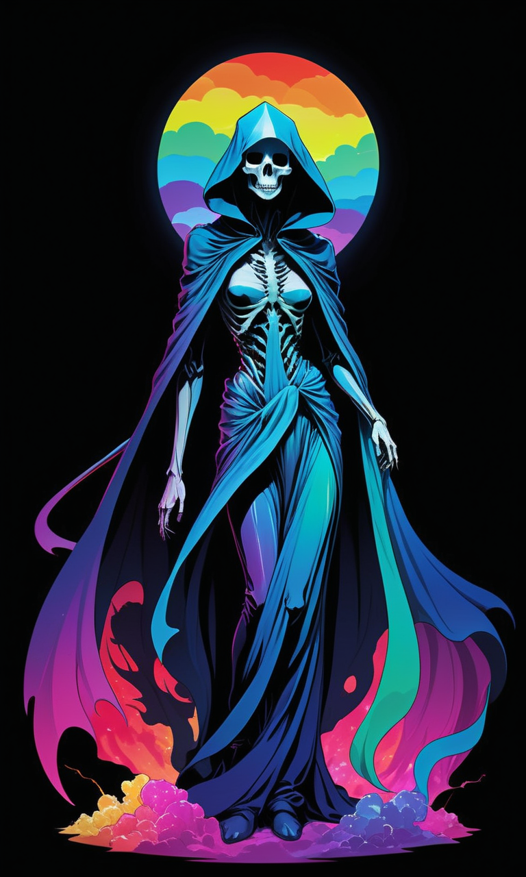 rainbow colored silhoutte outline against a dark background,a female reaper,anime,magical fantasy,universe,inspired by Maria Kreyn,Crystal,inverted,negative space,