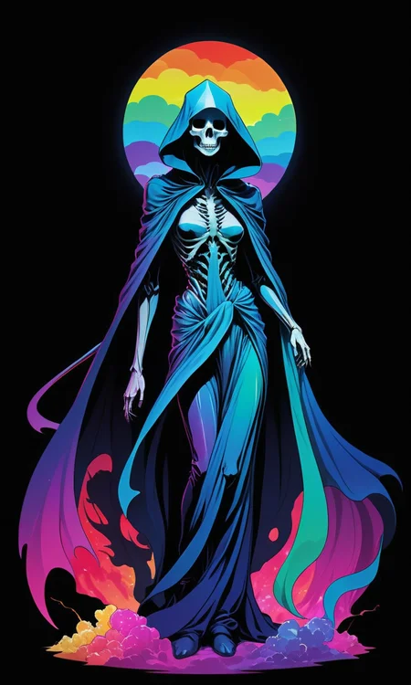 rainbow colored silhoutte outline against a dark background,a female reaper,anime,magical fantasy,universe,inspired by Maria Kreyn,Crystal,inverted,negative space,