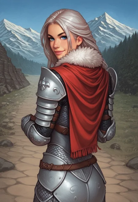 1girl, ((back view))), looking at viewer, highly detailed, from front, 1girl, highly detailed, skinny, looking at viewer, 1girl, masterpiece, best quality,
raw, masterpiece, extremely detailed, hyperrealism, photo, perfect anatomy, magnificent young warrior, full body, dramatic lighting, shadow play, romantic, heroism, epic, determination, proud, eternal beauty, detailed face, very long hair, very dark brown hair, beautiful blue eyes, battlefield background, massive plate armor, masculine body, muscular, heavy arms armor, red cape, fur collar, sword, BREAK
slight smile, looking at viewer, fur coat, dynamic pose,
BREAK
long hair, silver hair, hair over one eye, blue eye, big hair, dynamic pose
BREAK
best quality, depth of field, bokeh, (((full clothed))), ((ready to fight, holdind big sword in hands, big two-handed sword in hands)), highlander
BREAK
(((((snow, stones, mountains))))) score_9, score_8_up, score_7_up, score_6_up, source_cartoon, rating_explicit, Expressiveh, (((((upper body))))), dynamic pose
