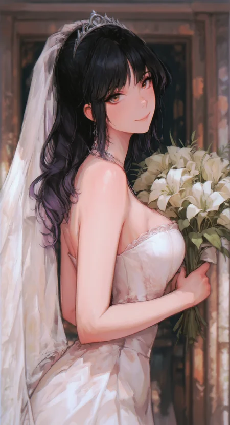 masterpiece, best quality, good quality, very aesthetic, absurdres, newest, 1girl, bare arms, bare shoulders, black hair, bouquet, breasts, bridal veil, bride, brown eyes, dress, from side, gradient hair, holding, holding bouquet, jewelry, large breasts, long hair, looking at viewer, multicolored hair, necklace, purple hair, smile, solo, strapless, strapless dress, tiara, veil, wedding dress, white dress, <lora:ponyv5_noobE11_1_adamW-000013:0.7> <lora:USNR_STYLE_XL_lokr:0.6> <lora:96YOTTEA-WAI:0.7> <lora:PRSNL:0.8>