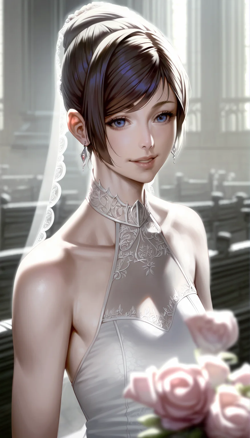 score_9,score_8_up,
realistic,(bloom:1.2),
<lora:leanne:1>,leanne,
1girl,solo,blonde hair,updo,bangs,bridal veil,blue eyes,looking at viewer,smile,parted lips,earrings,wedding dress with lace trim,portrait,holding flower,indoors,church,