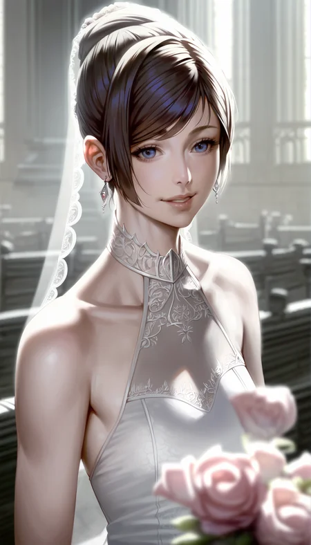 score_9,score_8_up,
realistic,(bloom:1.2),
<lora:leanne:1>,leanne,
1girl,solo,blonde hair,updo,bangs,bridal veil,blue eyes,looking at viewer,smile,parted lips,earrings,wedding dress with lace trim,portrait,holding flower,indoors,church,