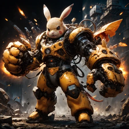 amazing quality, masterpiece, best quality, hyper detailed, ultra detailed, UHD, HDR, DOF, depth of field, perfect anatomy, sci-fi,
Picachu, (yellow hybrid orange) giant mechanical arms, fighting stance, fist, hand up, angry,
glowing, shine, dazzling, war, explosion in background, flame in background,
<lora:cfc-giant-mechanical-arms:0.75>,
<lora:ral-vlntxplzn:0.75>, ral-vlntxplzn,
<lora:add-detail-xl:0.75>,
<lora:EnvyBetterHiresFixXL01:1.0>,
<lora:extremely_detailed:1.0>, extremely detailed,
