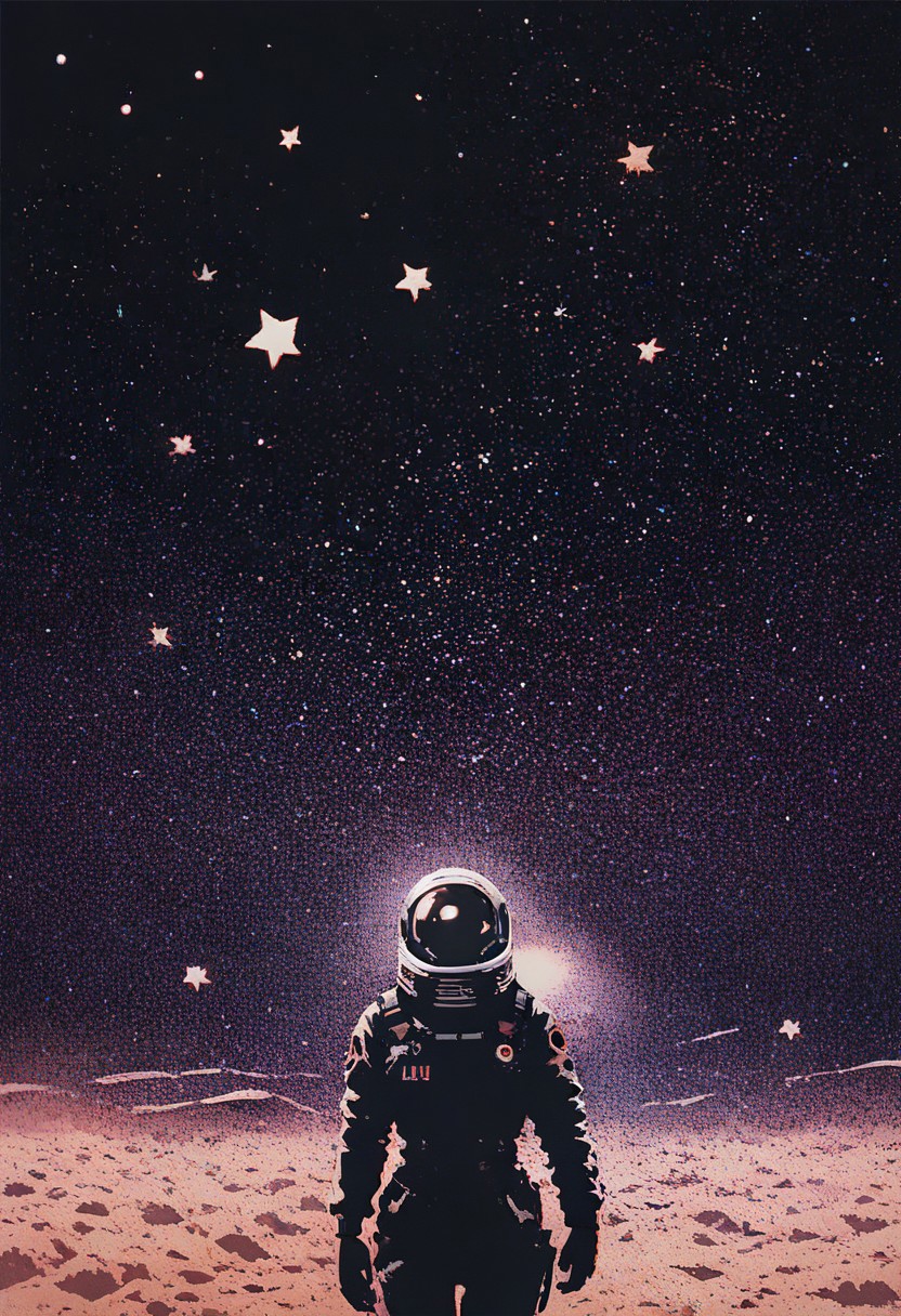 score_9, score_8_up, score_7_up, astronaut, walking on the moon, stars, galaxy, planets, dark background, front view, fog, cowboy shot, dcr34sed_c0l0ring