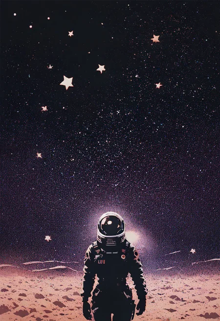 score_9, score_8_up, score_7_up, astronaut, walking on the moon, stars, galaxy, planets, dark background, front view, fog, cowboy shot, dcr34sed_c0l0ring