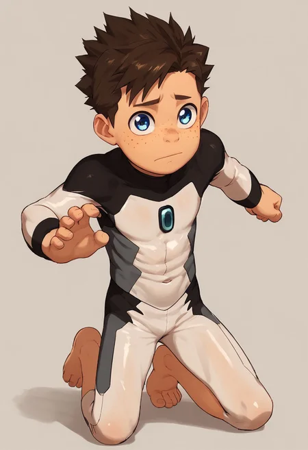 score_9, score_8_up, score_7_up,1boy, solo, cute boy, Koji, Blue Eyes, Brown Hair, Freckles, Bodysuit, Barefoot