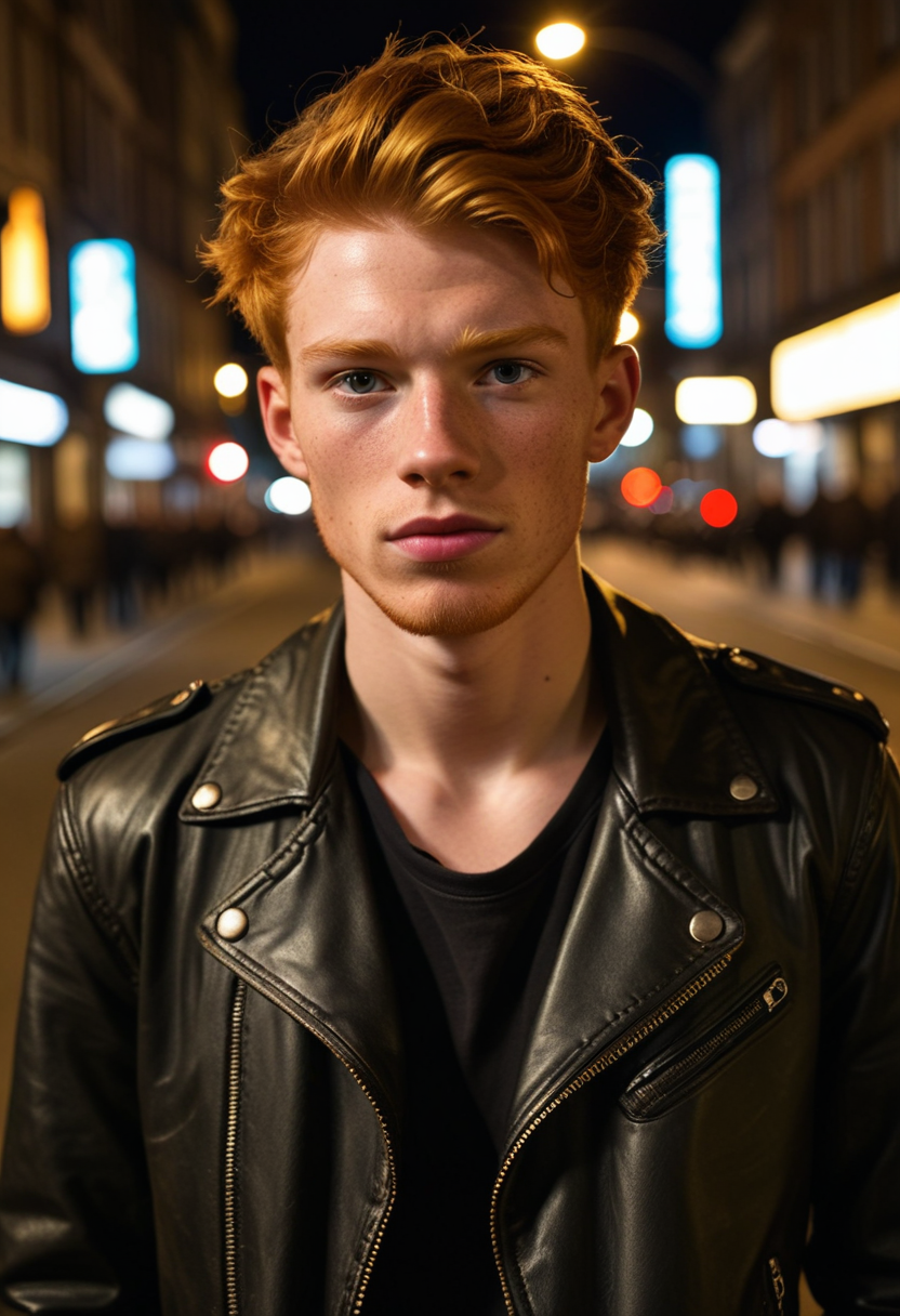 street photography portrait of a ginger 19yo young adult man, very detailed, ruggedly handsome with stubble, leather jacket, detailed face, busy public street at night, dramatically lit, <lora:sdxl_lightning_8step_lora:1>