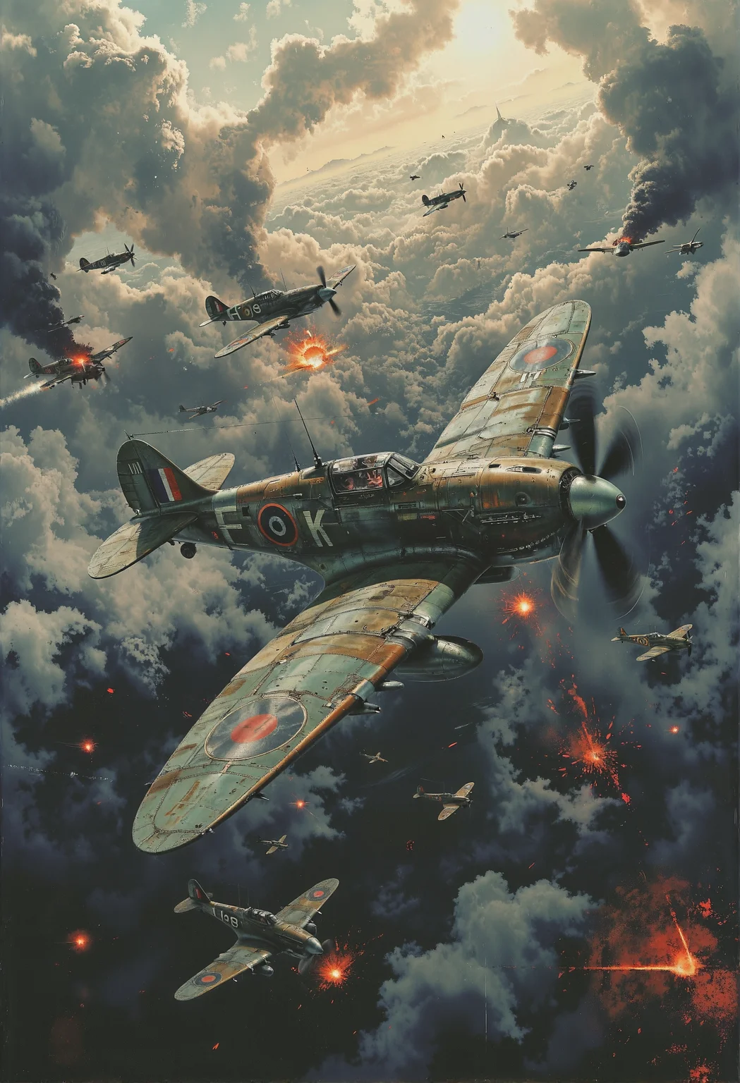 An intense, dynamic aerial dogfight scene unfolds high above the clouds. A British Spitfire dominates the foreground, banking sharply with the iconic roundel visible on its wings. The perspective captures the motion and speed as it dives through thick plumes of smoke and weaving contrails, narrowly evading enemy fire. Surrounding the Spitfire, several German fighter planes twist and turn, some trailing black smoke, showing signs of damage from the fierce battle. The sun filters through the clouds, casting dramatic shadows across the chaotic sky. The overall atmosphere is one of tension and action, with a sense of historical significance, as these iconic aircraft clash in a dramatic WWII air combat scene. <lora:The_Dark_Side_Of_The_Future.safetensors:0.13>, <lora:n30nfilm.safetensors:0.65>, <lora:Dieselcore_Flux.safetensors:0.7>, <lora:Glitchcore_Flux.safetensors:0.4>,