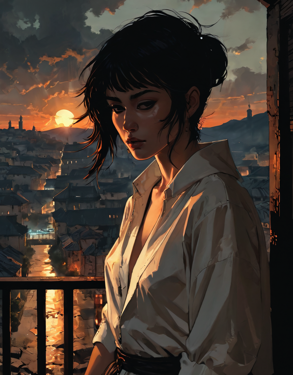 hyperrealistic fisheye lens dark and gritty impactful paint of a inverted triangle hispanic crying female alchemist wearing a lopapeysa and tom ford clothes  observing the bustle of a city from a high balcony, short ebony hair, outside in Kosovo at dawn fall, inspired by futuristic anime, dramatic cinematic rembrandt lighting<lora:The_Pulp_Session:0.90>