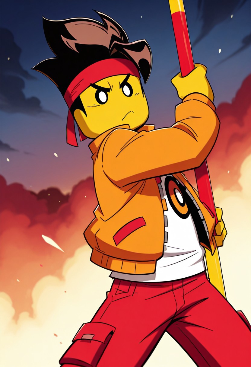 score_9, score_8_up, score_7_up, MKAY, 1boy, solo, brown hair, yellow skin, Orange jacket, red pockets, white shirt, red trousers, red headband, fighting pose, holding weapon, red and yellow pole, holding red and yellow pole, red and yellow pole,