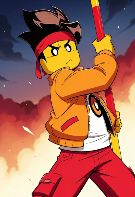 score_9, score_8_up, score_7_up, MKAY, 1boy, solo, brown hair, yellow skin, Orange jacket, red pockets, white shirt, red trousers, red headband, fighting pose, holding weapon, red and yellow pole, holding red and yellow pole, red and yellow pole,