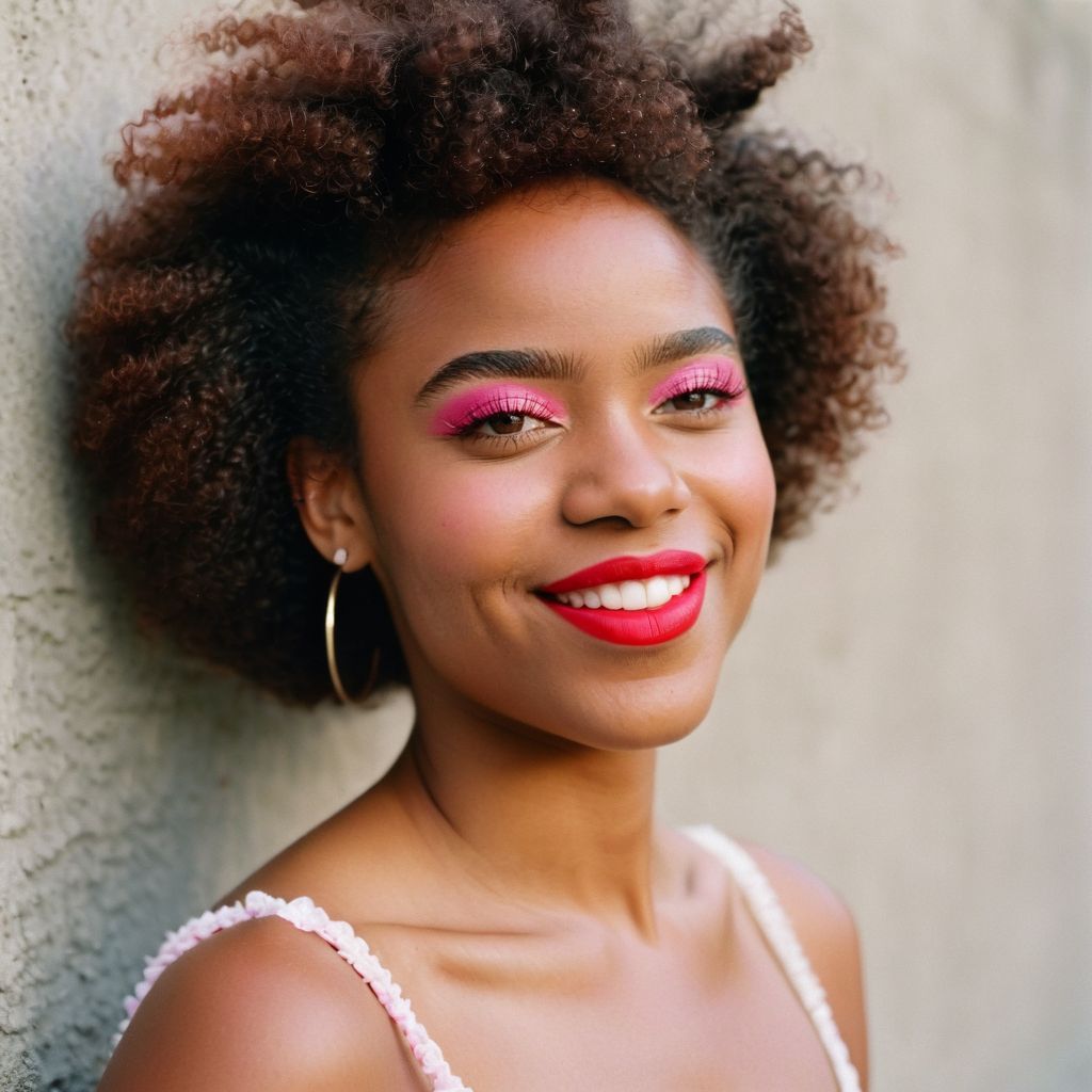 film photography style a young Black woman with coily hair, pink eyeshadow, and red lipstick smiling gently with a concrete wall in the background, outdoors,  <lora:FILM_PHOTOGRAPHY_STYLE-000017:1>