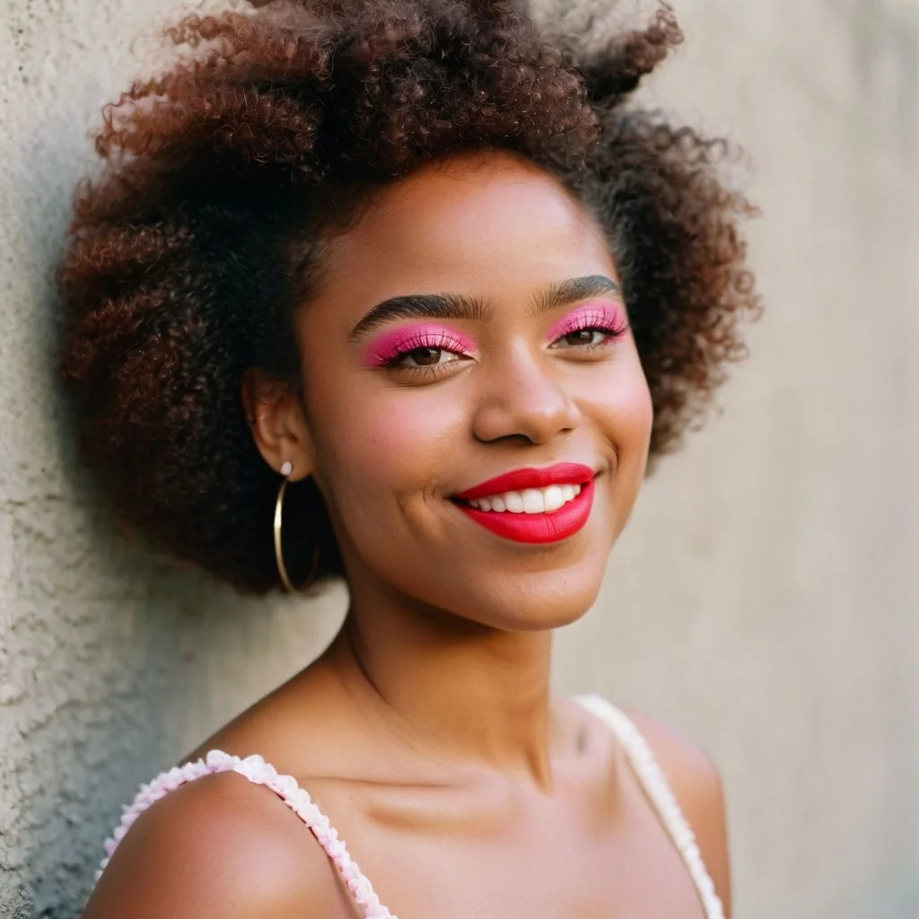 film photography style a young Black woman with coily hair, pink eyeshadow, and red lipstick smiling gently with a concrete wall in the background, outdoors, <lora:FILM_PHOTOGRAPHY_STYLE-000017:1>