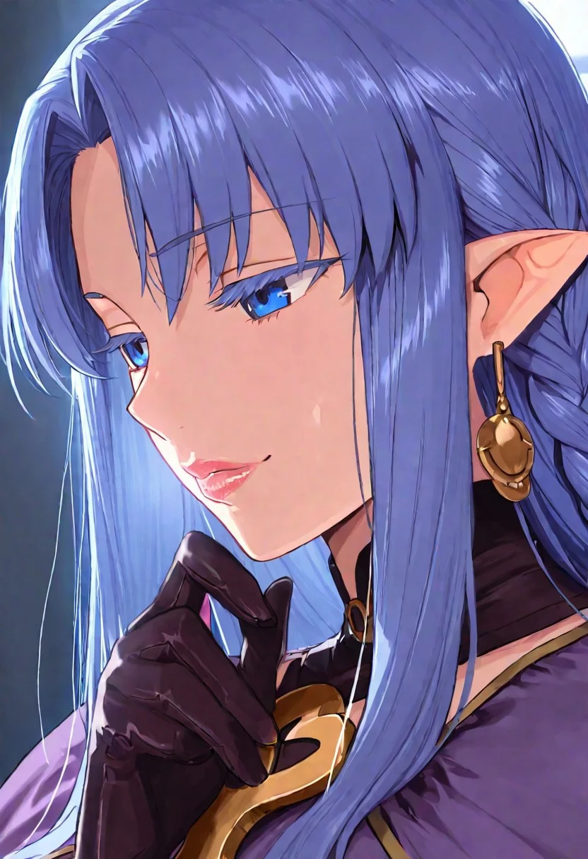 1girl, Medea \(fate\),, adult woman, earrings, masterpiece, purple dress, hand up, black gloves, blue hair, long hair, pointy ears, luscious lips, lip gloss, portrait, colored eyelashes, backlighting, blue eyes, goddess, glossy skin, ,hires,best quality, very aesthetic,absurdres,score_9, score_8_up, score_7_up, score_6_up, score_5_up, score_4_up, (hyper extreme detailed), (hyper quality), game CG, (colour:1.2),(from side:0.7)