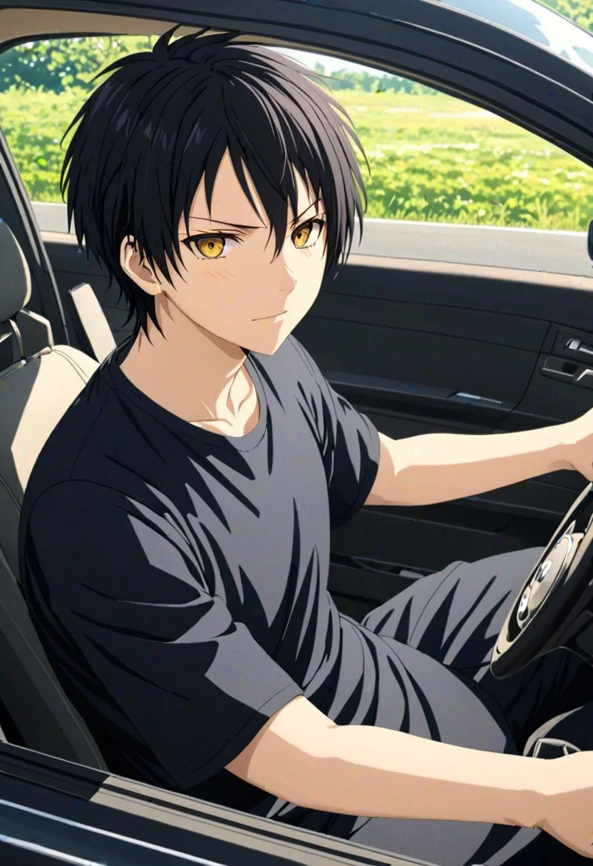 Sasuke Tsubaki, Yellow Eye, masterpiece, best quality, 1boy, solo, male focus, High definition, Black hair, 4K, driving a car