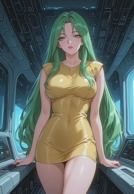 masterpiece, best quality, realistic, seductive, 1girl, solo, injuflair, very long hair, green hair, green eyes, breasts, yellow dress, sleeveless, spaceship, interior,