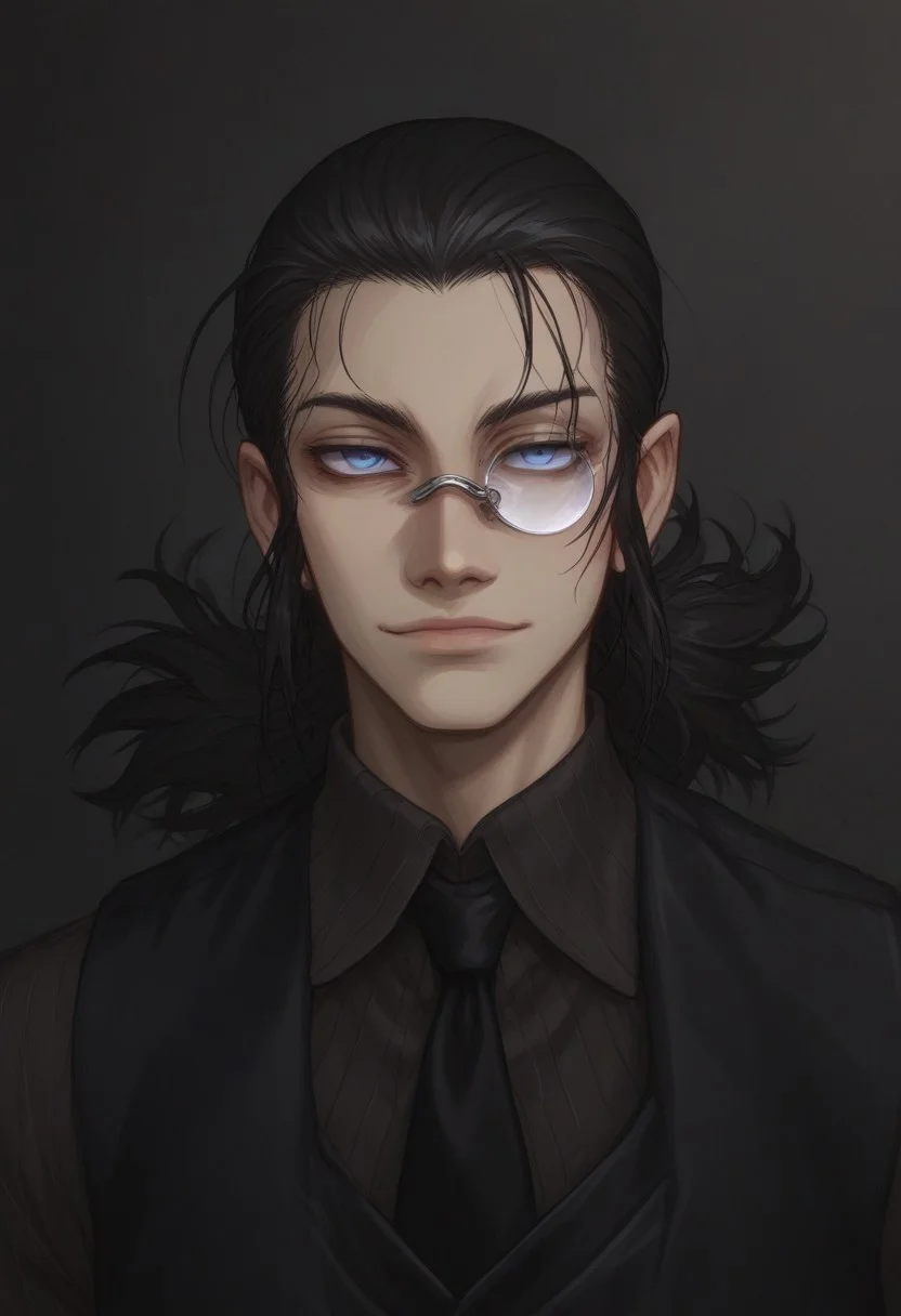 score_9, score_8_up, score_7_up, 1 boy, solo, DarkWalter, blue eyes, black hair, black tie, black vest, black pants, black shoes, black fingerless gloves, keychain, monocle, ponytail, full body, looking at viewer, gentle smile