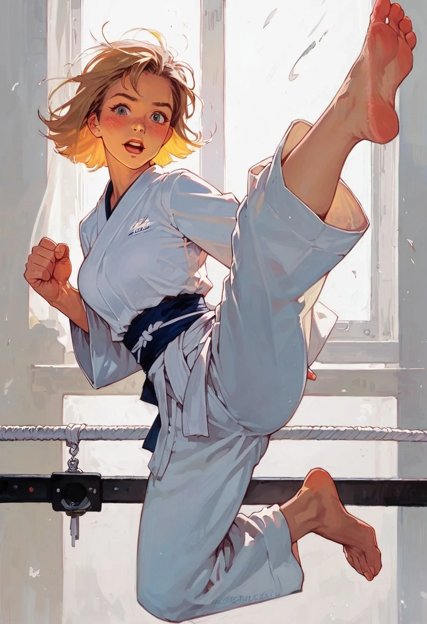 score_9, score_8_up, score_7_up, ,score_6_up, 1girl, realistic, illustration , (funny, blush:0.9), mouth open, solo focus, perfect cute face, blonde hair, toned body, medium breasts, low-key lighting style, modeling, karate gi, barefoot, (from side:0.7), dynamic, (masterpiece:1.1), (best quality:1.1), jumping kick, looking at viewer,
(jumping kicking:1.1),in gym, martial arts,