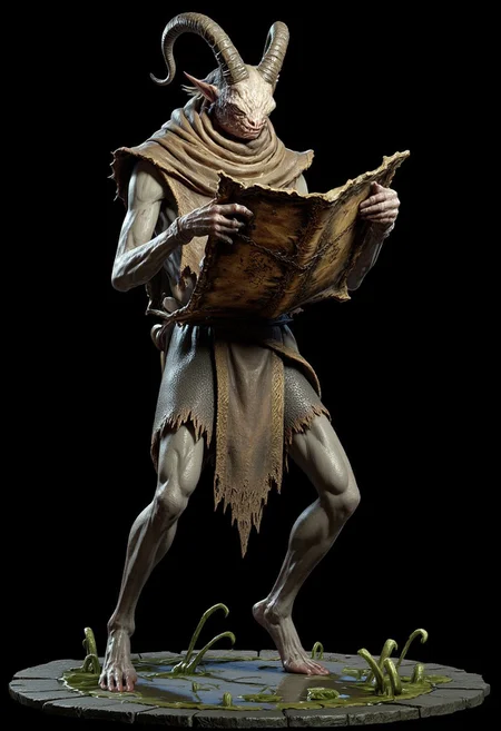 wrinkly wizard toad reading an ancient scroll in a swamp, best quality, epic scene, Dungeons and dragons atmosphere The character has an unusual anatomy with disproportionately large hands with webbed-like fingers and digitigrade legs ending in hooved horse feet. the shape is like a goat
Standing on a flat ground the camera angle is high rotated
Set against a solid dark black color background to emphasize its unnatural form that emphasizes its silhouette. The medium is not a traditional painting or illustrative medium like watercolor or ink but rather a digital 3D rendering.
MikeFranchinastyle, bbstyle,, horror theme,, ZBClay model of a gray sculpture, zbrush, d4arks0uls, overcast lighting, jedioutfit