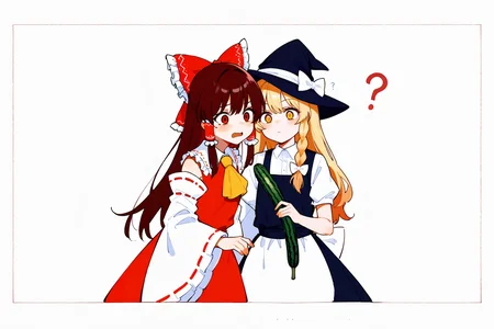 (score_9,score_8_up,score_7_up),
BREAK
2girl,kirisame_marisa,touhou,witch_hat,single_braid,white_shirt,black_vest,black_hat,white_bow,hat_bow,hair_bow,white_apron,black_skirt,waist_apron,puffy_short_sleeves,confused,dark yellow eyes,