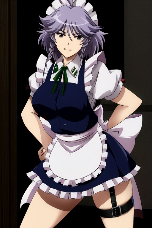 izayoi sakuya, 1girl, ahoge, apron, braid, breasts, danmaku, grey hair, knife, maid, maid headdress, medium breasts, ribbon, short hair, smile, solo, thigh strap, twin braids, waist apron, 
masterpiece, best quality, very aesthetic, absurdres, pixiv, anime coloring