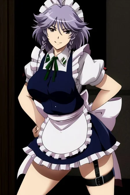 izayoi sakuya, 1girl, ahoge, apron, braid, breasts, danmaku, grey hair, knife, maid, maid headdress, medium breasts, ribbon, short hair, smile, solo, thigh strap, twin braids, waist apron,
masterpiece, best quality, very aesthetic, absurdres, pixiv, anime coloring